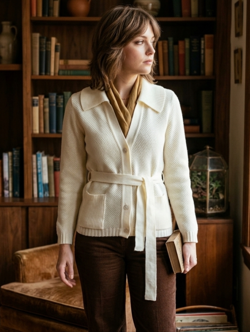 Vintage 80's White Open Front Cardigan with Matching Belt M